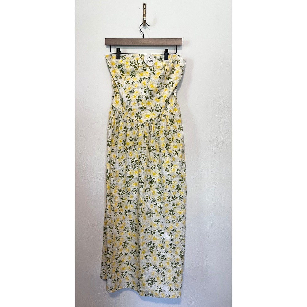 Band of the Free Yellow Floral Strapless Midi Dress Pockets Smocked Back SMNWT